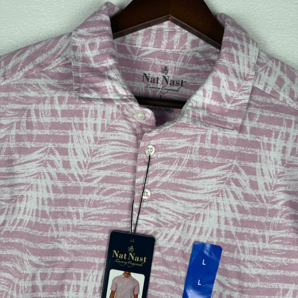NEW Nat Nast Luxury Polo Shirt Mens Large Pink Palm Leaf AOP Short Sleeve